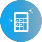 White calculator icon with math symbols on its buttons and sparkling stars around it, centered on a blue circular background.