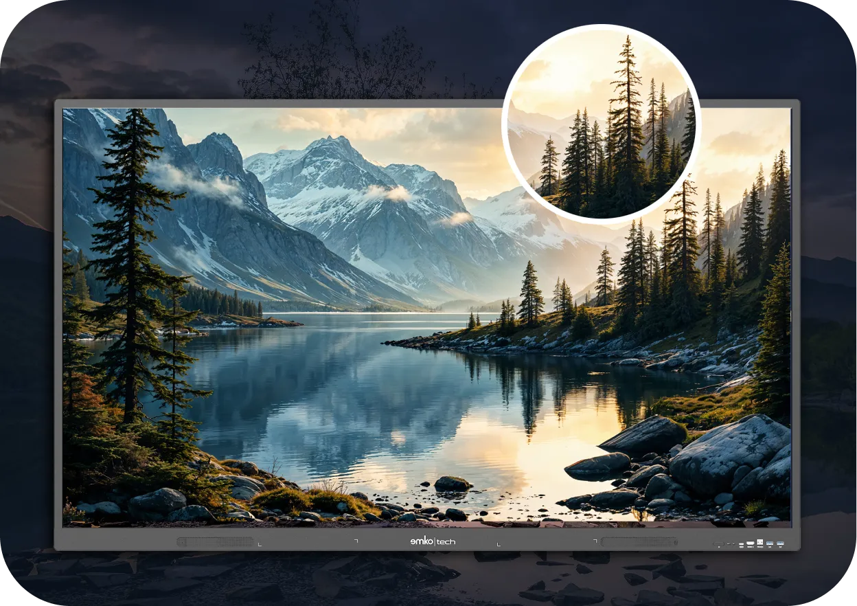 Dijital ekranda gün doğumunda göl, çam ağaçları ve karla kaplı dağlardan oluşan doğal bir manzara gösterilir. Bir iç kısım, güneş ışığının süzüldüğü uzun çam ağaçları kümesini yakınlaştırır.