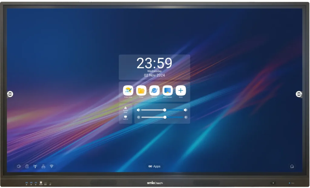 Dijital interaktif ekran, renkli ışık çizgileri olan mavi bir arka plan üzerinde saat 23:59, tarih 02 Kasım 2024, uygulama simgeleri ve ses ve parlaklık kaydırıcıları ile modern bir arayüz gösterir.