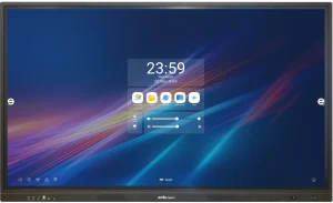 Dijital interaktif ekran, renkli ışık çizgileri olan mavi bir arka plan üzerinde saat 23:59, tarih 02 Kasım 2024, uygulama simgeleri ve ses ve parlaklık kaydırıcıları ile modern bir arayüz gösterir.